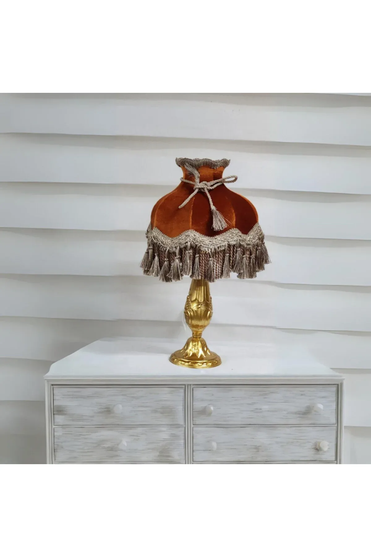 Klasik Abajur ALTIN Ayak KİREMİT Şapka 51cm.